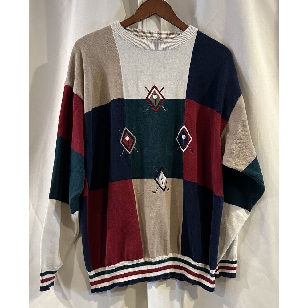 VINTAGE COTTON‎ TRADERS Sweater Mens XL Color Block Embroidered Golfer Grandpa